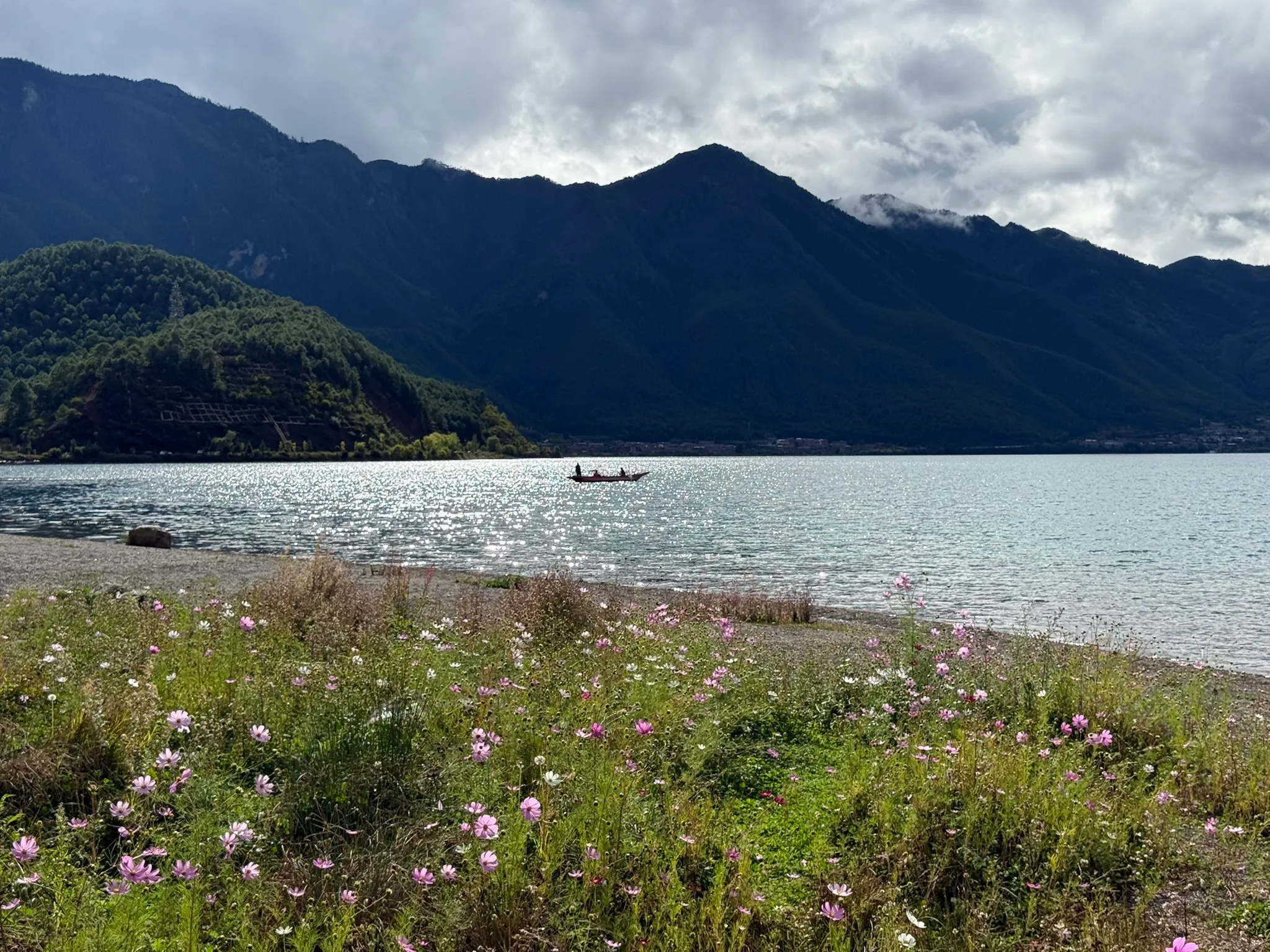 波光粼粼和鲜花相得益彰